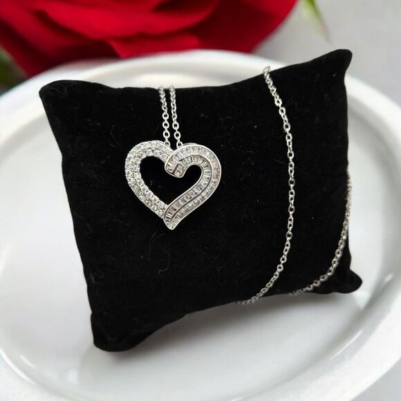 Silver CZ Heart Necklace Channel Set Baguette Open Heart Pendant Sparkly Pave - Picture 9 of 11